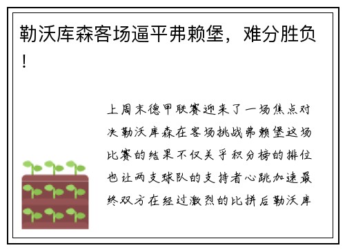 勒沃库森客场逼平弗赖堡，难分胜负！